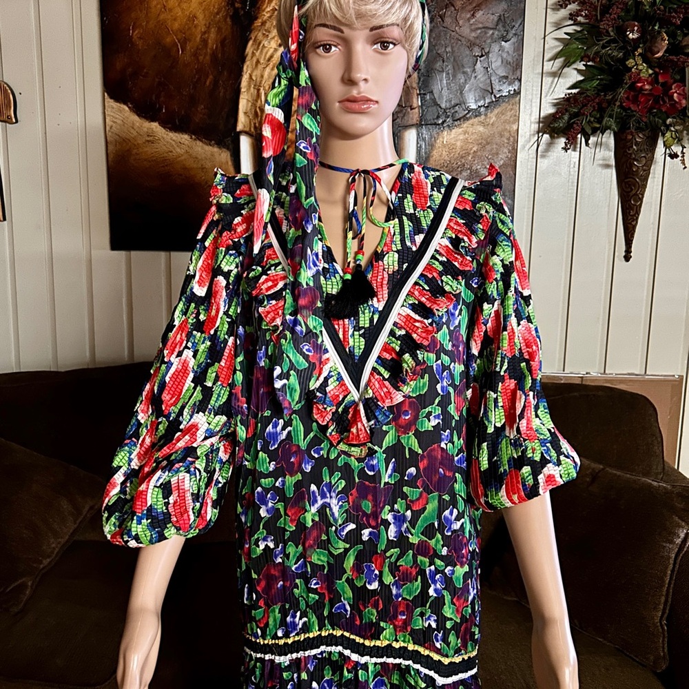 Diane Freis~Vintage • Large • Multi-Colors • Floral •W/ Ruffles & Tie Boho Dress - Picture 5 of 16